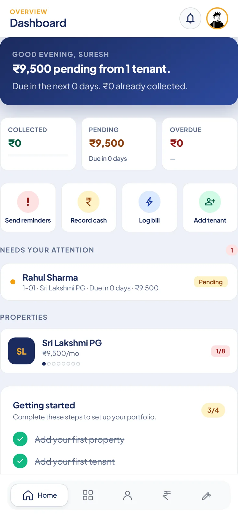 Domvio dashboard for Sri Lakshmi PG showing ₹9,500 pending, with occupant Rahul Sharma in room 1-01 marked Pending