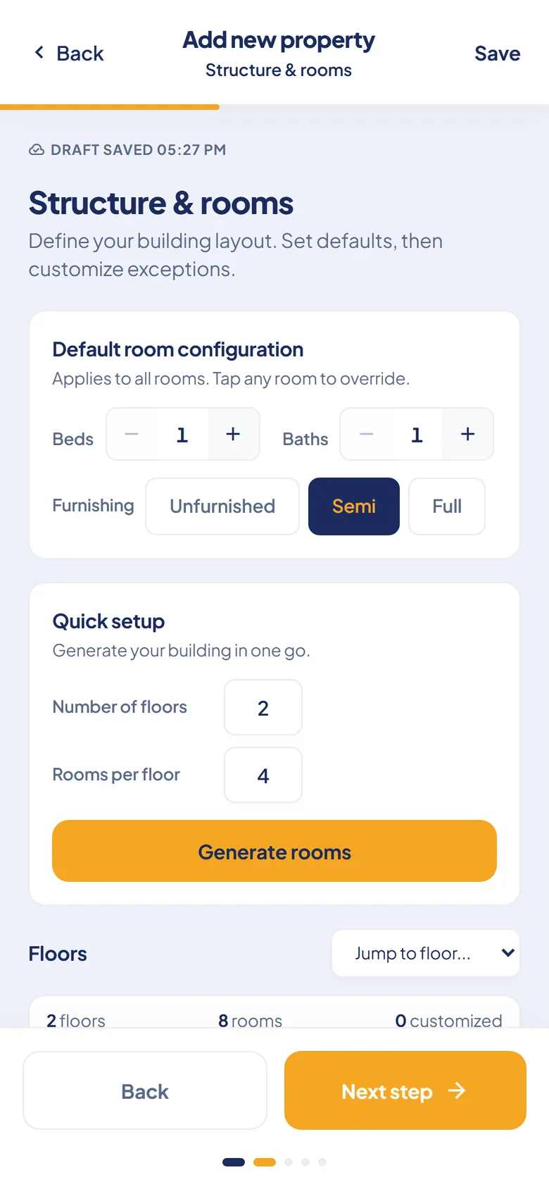 Domvio Structure and rooms screen with default beds and baths per room, furnishing options, and quick setup for number of floors and rooms per floor