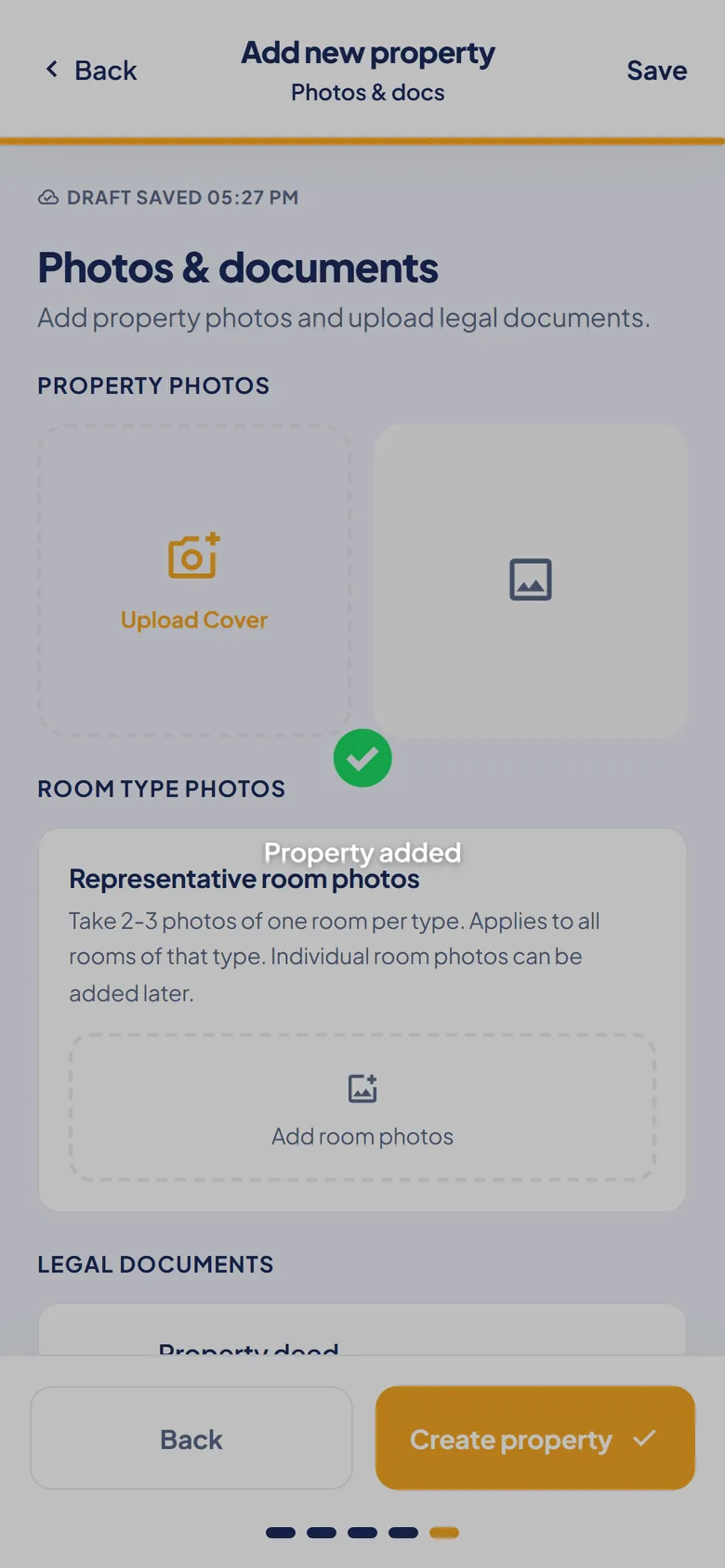 Domvio Photos and documents step with property photo uploads, room photos and a legal documents section, with a Property added confirmation