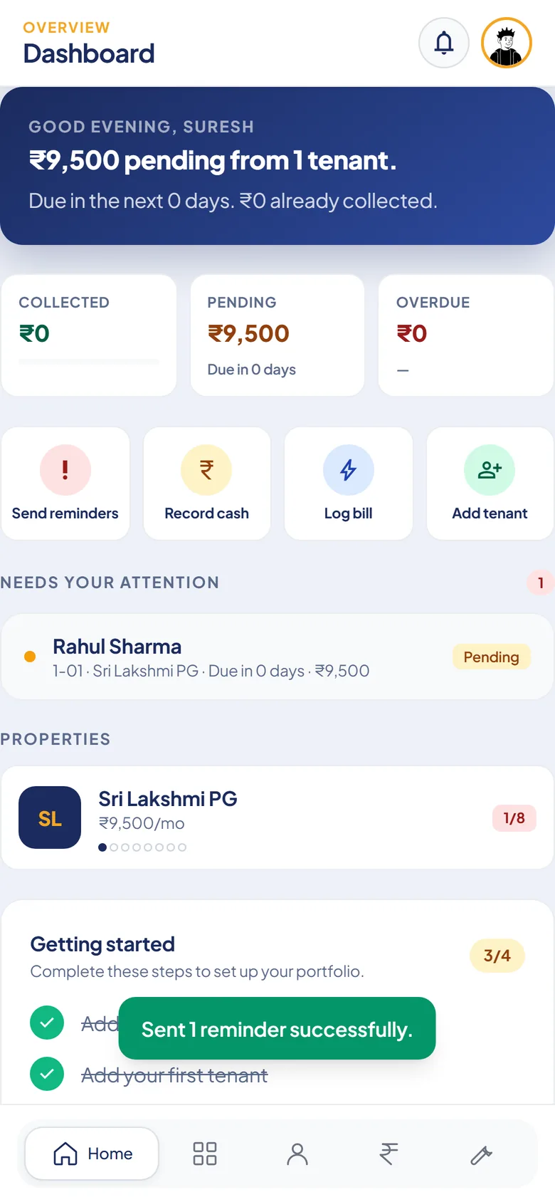 Domvio dashboard showing ₹9,500 pending from one tenant and a message confirming one reminder was sent