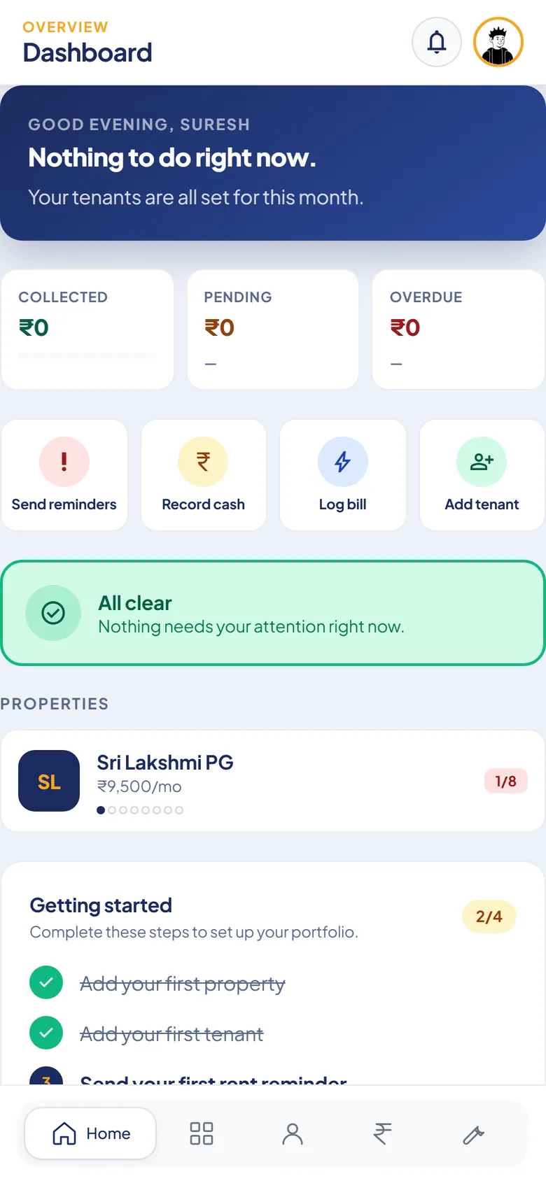 Domvio dashboard for Sri Lakshmi PG with Collected, Pending and Overdue at ₹0, buttons for Send reminders, Record cash and Add tenant, and an All clear message
