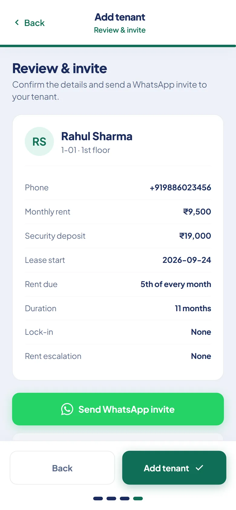 Domvio Add tenant review screen for room 1-01 on the first floor, with monthly rent ₹9,500, deposit ₹19,000, rent due on the 5th and a Send WhatsApp invite button