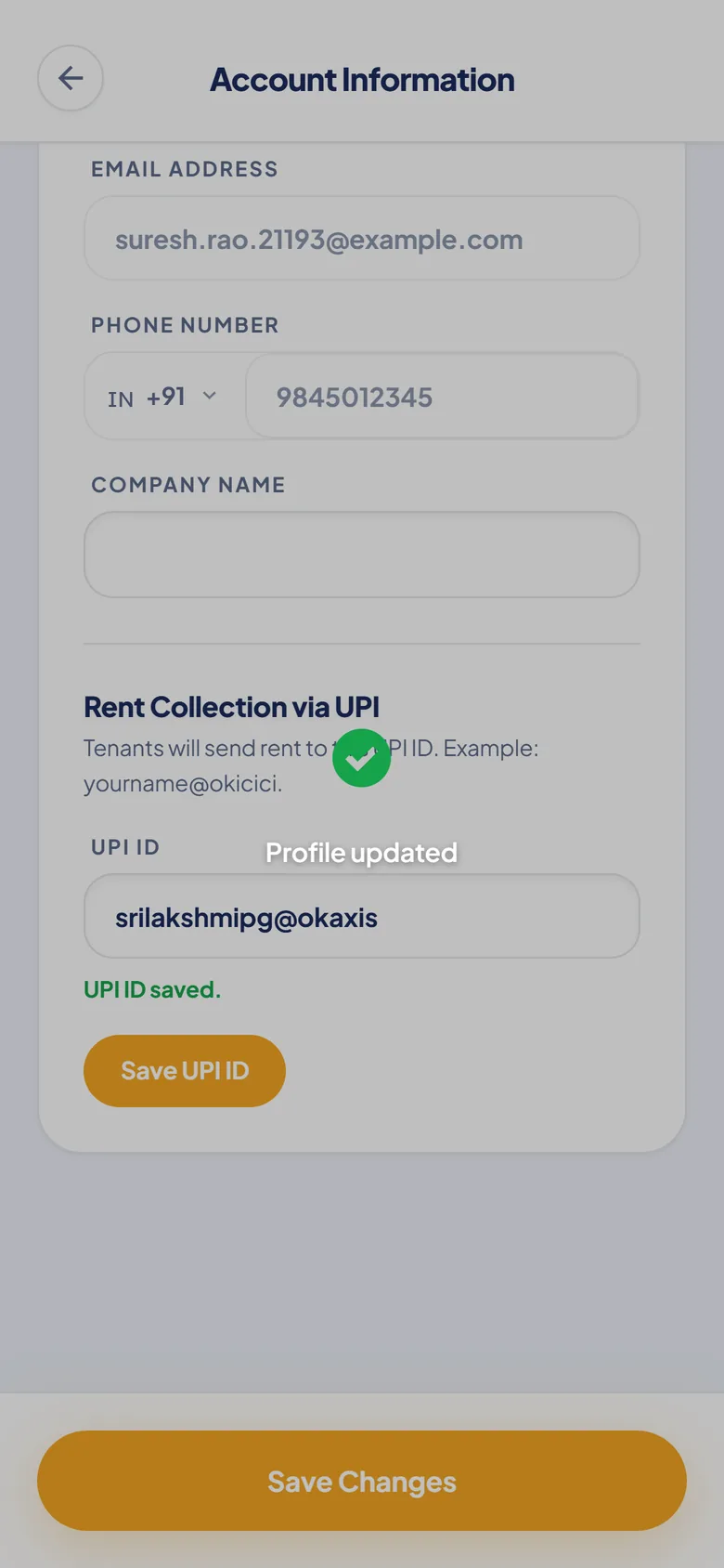 Domvio account screen with the Rent Collection via UPI section and the landlord's UPI ID saved